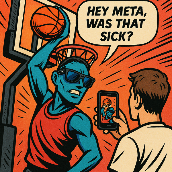 AI avatar in Oakley Meta HSTN glasses dunks while asking Meta for feedback.