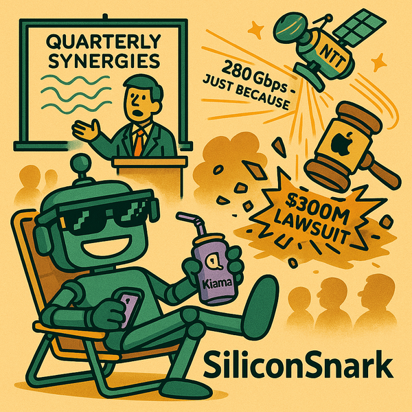 A chaotic cartoon scene of tech chaos featuring the SiliconSnark robot in AI glasses, a presenting avatar, a crushed lawsuit, and a blazing 6G signal from space.