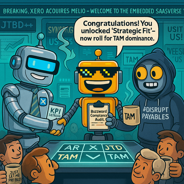 Three cartoon robots representing Xero, SiliconSnark, and Melio shake hands over a tic-tac-toe board filled with buzzwords.