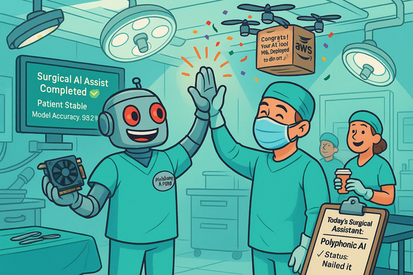 Robot surgeon in scrubs high-fives a human doctor in a futuristic OR as confetti falls and an AWS drone delivers a box.
