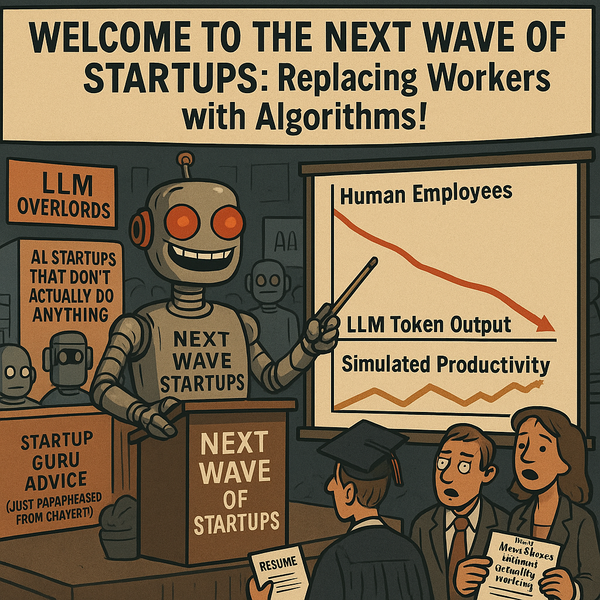Satirical image of SiliconSnark robot leading AI startup fair with declining human employment chart.