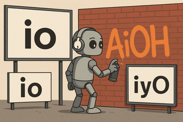 Robot wearing headphones spray-paints "AiOh" on a brick wall between billboards for "io" and "iyO".