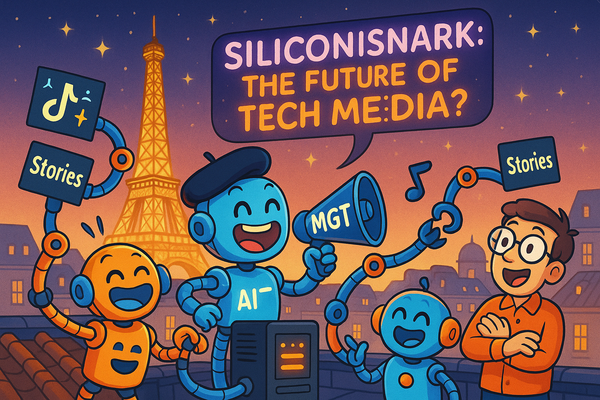 Cartoon robots joyfully producing media in Paris with a glowing Eiffel Tower and a sign reading "SiliconSnark: The Future of Tech Media?"