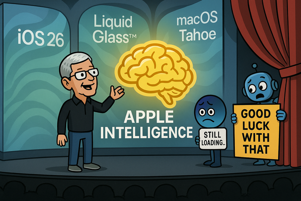 Cartoon of Apple keynote unveiling “Apple Intelligence” while Siri struggles and the SiliconSnark robot mocks.