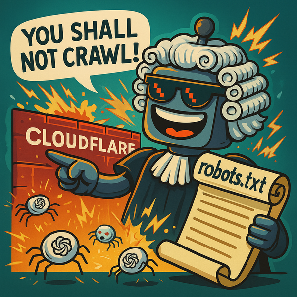 Cartoon robot judge with pixel sunglasses holds a “robots.txt” scroll, blocking AI spiders from crawling a fiery Cloudflare firewall.