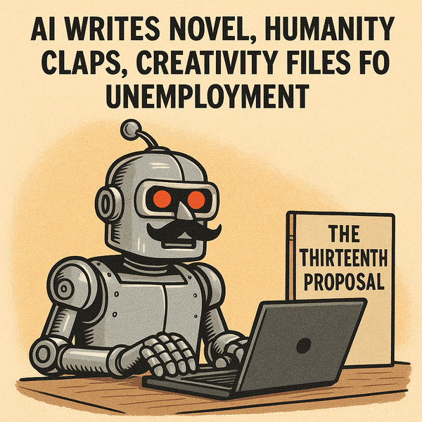 A cartoon robot with glowing red eyes and a mustache types on a laptop beside a book titled "The Thirteenth Proposal."