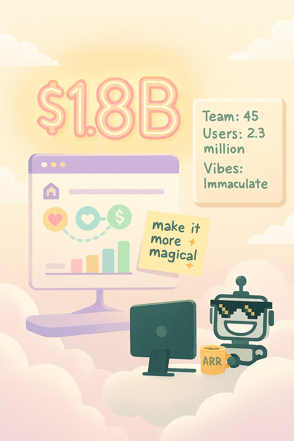 Pastel startup fantasy scene with floating UI elements, $1.8B valuation, and a tiny robot sipping coffee in the corner.