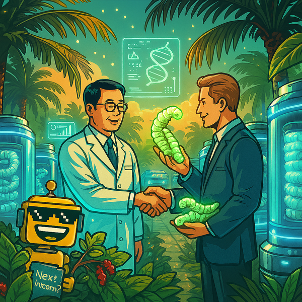 A digital illustration of a futuristic silkworm production facility in a tropical jungle