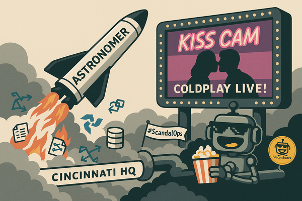 Astronomer.io rocket launches from Cincinnati HQ as a kiss cam blunder unfolds, with the SiliconSnark robot watching in popcorn-fueled glee.