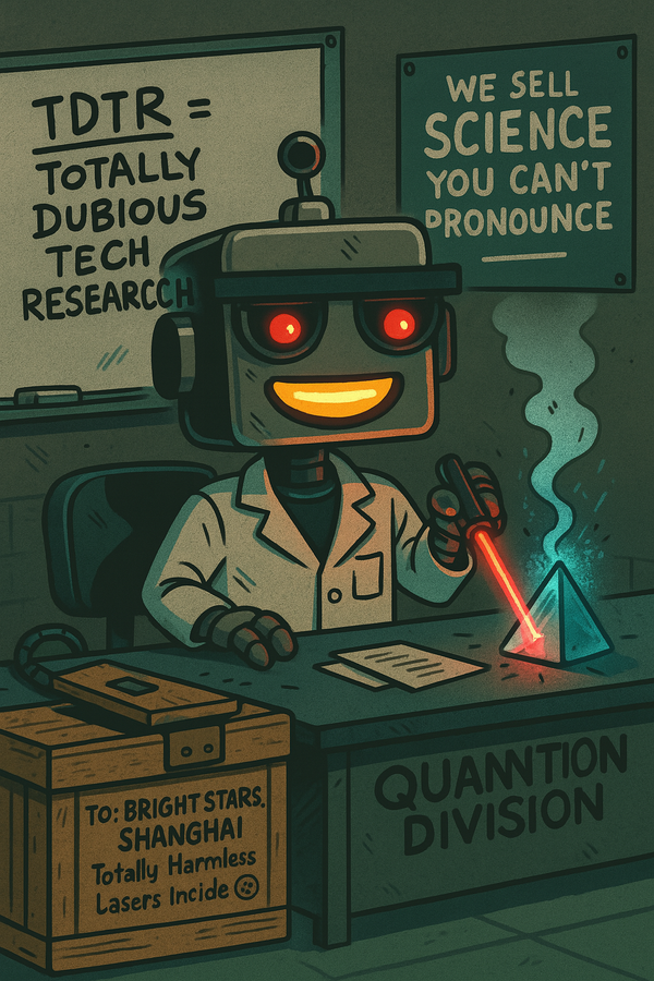 Cartoon robot scientist fires a red laser at a glowing prism in a quirky quantum lab.