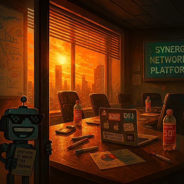 SiliconSnark robot peeks into a startup boardroom at sunset, holding a notepad that reads "Just here to watch the drama."        Ask ChatGPT
