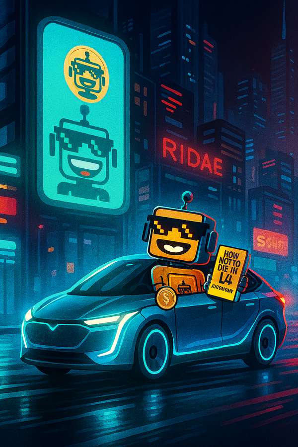 A futuristic Robotaxi glides through a neon-lit city as the SiliconSnark robot rides shotgun, grinning and holding a yellow manual titled "How Not to Die in L4 Autonomy."        Ask ChatGPT