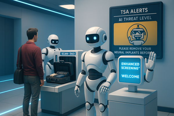 A futuristic airport checkpoint staffed by humanoid robots, with a TSA alert screen showing the SiliconSnark robot mascot warning passengers to remove neural implants.