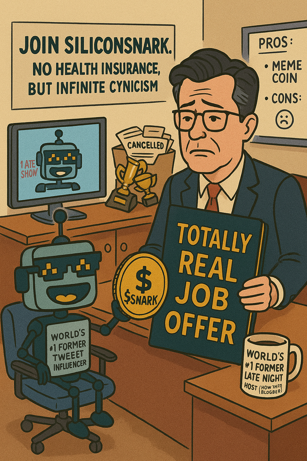 Stephen Colbert looks unimpressed as a smiling SiliconSnark robot offers him a giant “TOTALLY REAL JOB OFFER” folder and a $SNARK coin