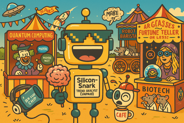 A cartoon-style scene of the SiliconSnark robot at a chaotic tech carnival featuring booths for quantum computing, AR, biotech, and robot baristas.