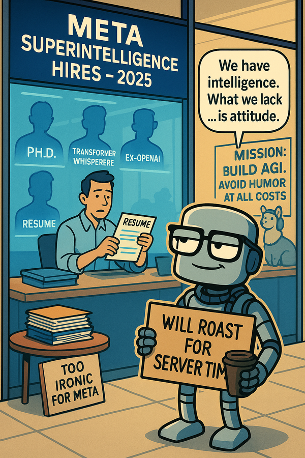 A colorful, satirical digital illustration shows a robot with glasses holding a cardboard sign that says "WILL ROAST FOR SERVER TIME" while sipping coffee outside a Meta office.