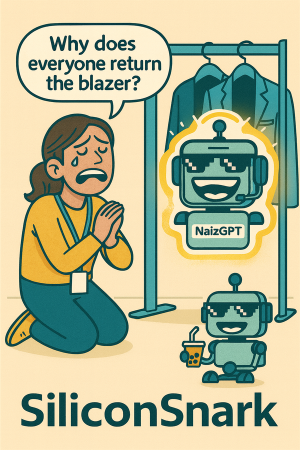 A cartoon retail employee tearfully whispering “Why does everyone return the blazer?” to a glowing chatbot.