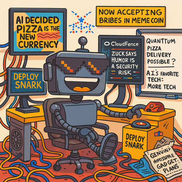 Cartoon-style robot at a cluttered tech desk with pixelated sunglasses, surrounded by satirical headlines and a "Deploy Snark" button.