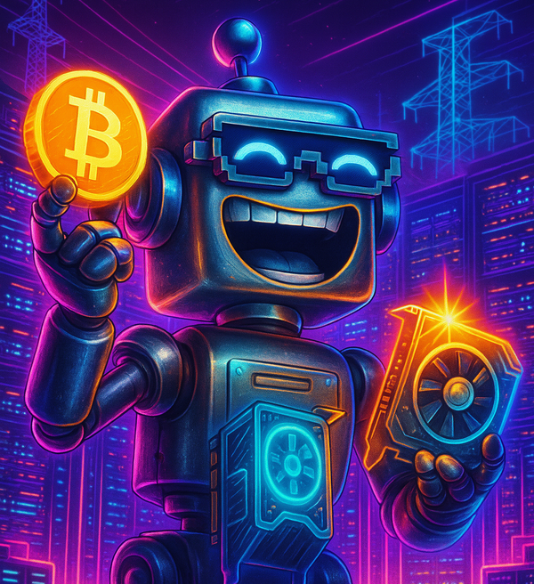Cyberpunk-style SiliconSnark robot holding a Bitcoin and GPU, laughing in front of neon-lit data center.        Ask ChatGPT