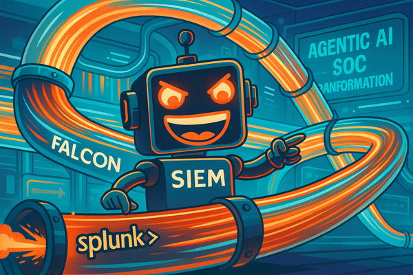 SiliconSnark robot laughing as glowing data streams race through futuristic Falcon SIEM pipelines.
