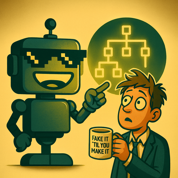 The SiliconSnark robot reviews a glowing decision tree as a bewildered intern watches in awe, holding a coffee labeled “Fake It ‘Til You Make It.”