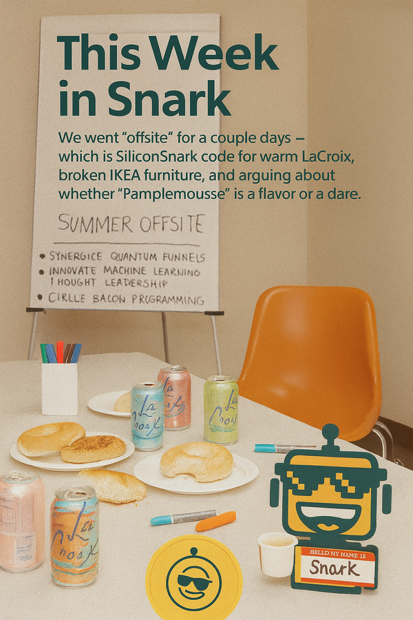 A chaotic “startup offsite” scene inside a too-small conference room with mismatched IKEA furniture.
