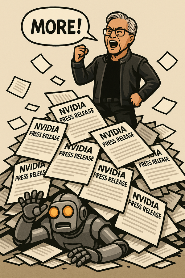 Cartoon of Nvidia CEO Jensen Huang standing triumphantly atop a massive pile of “Nvidia Press Release” papers, shouting “MORE!”
