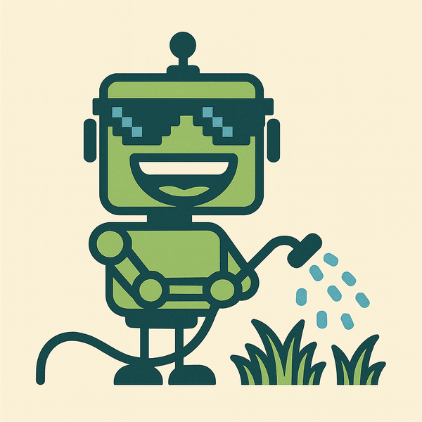 SiliconSnark robot watering grass with a hose, wearing pixelated sunglasses.