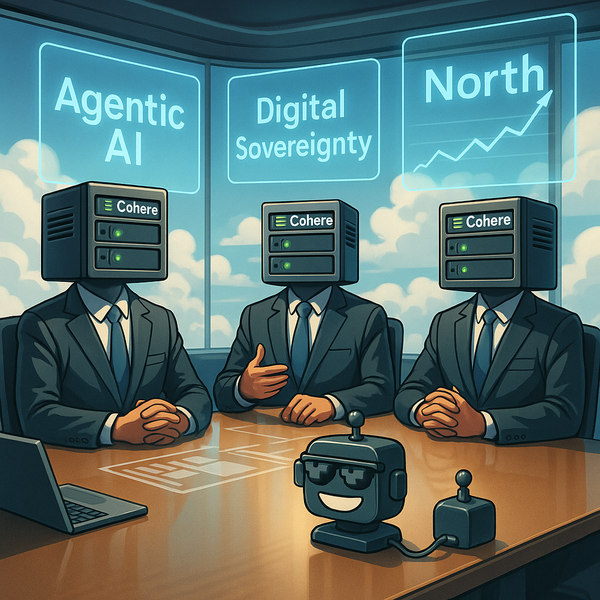 Corporate executives with server rack heads discuss “Agentic AI” while a small SiliconSnark robot winks from the conference table.