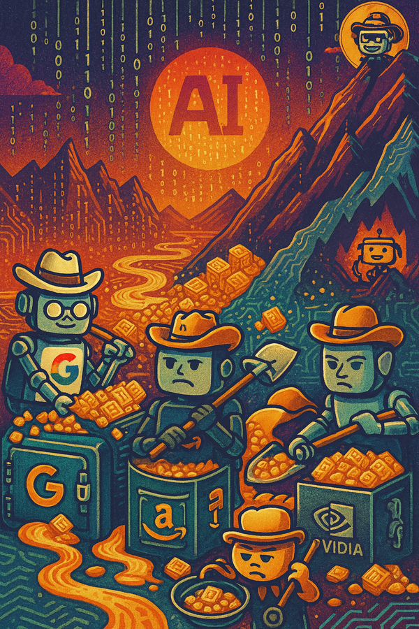 A chaotic AI gold rush scene with tech-branded robots mining glowing microchips, featuring the SiliconSnark robot slyly watching from a mountain.