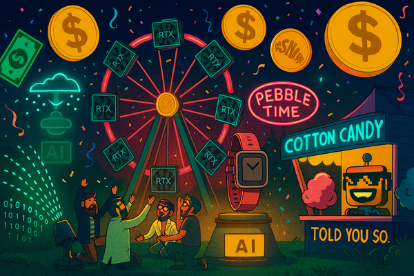 A surreal tech carnival with a GPU Ferris wheel, Pebble Time 2 shrine, AI sprinkler spraying binary code, floating $SNARK coins, and the SiliconSnark robot.