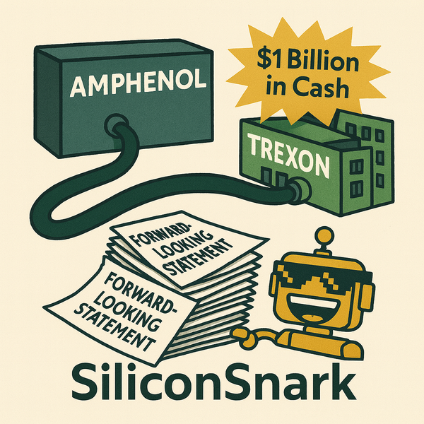 Cartoon of Amphenol wiring up Trexon with oversized cables, while the SiliconSnark robot drowns under a giant stack of forward-looking statements.