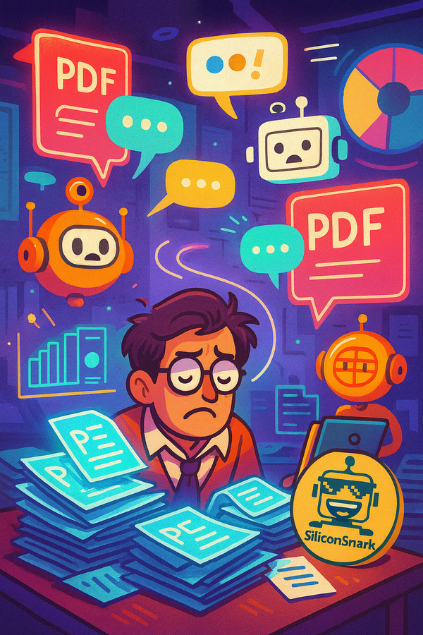 A chaotic futuristic office with floating PDFs, chatty AI bots, and the SiliconSnark robot cameo smirking from a corner.