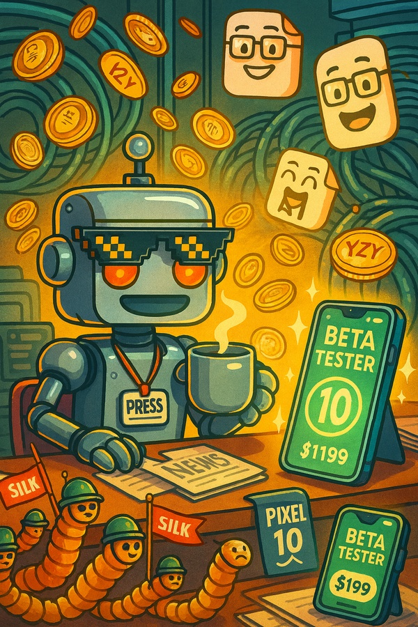 Cartoon newsroom scene of the SiliconSnark robot sipping coffee while surrounded by YZY coins, worm soldiers, AI PDFs, and overpriced Pixel 10 beta phones.