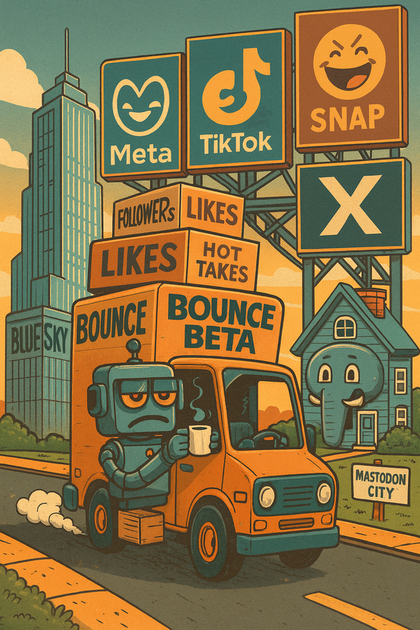 A cartoonish robot drives an overloaded “Bounce Beta” moving truck from Bluesky to Mastodon City while giant Meta, TikTok, Snap, and X billboards loom overhead.