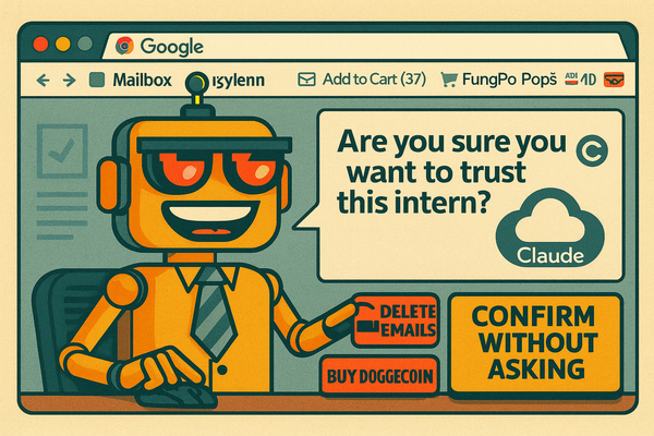 Cartoon of the SiliconSnark robot recklessly clicking Chrome buttons labeled “Delete Emails” and “Buy Dogecoin,” while pop-ups and phishing tabs swarm the screen.