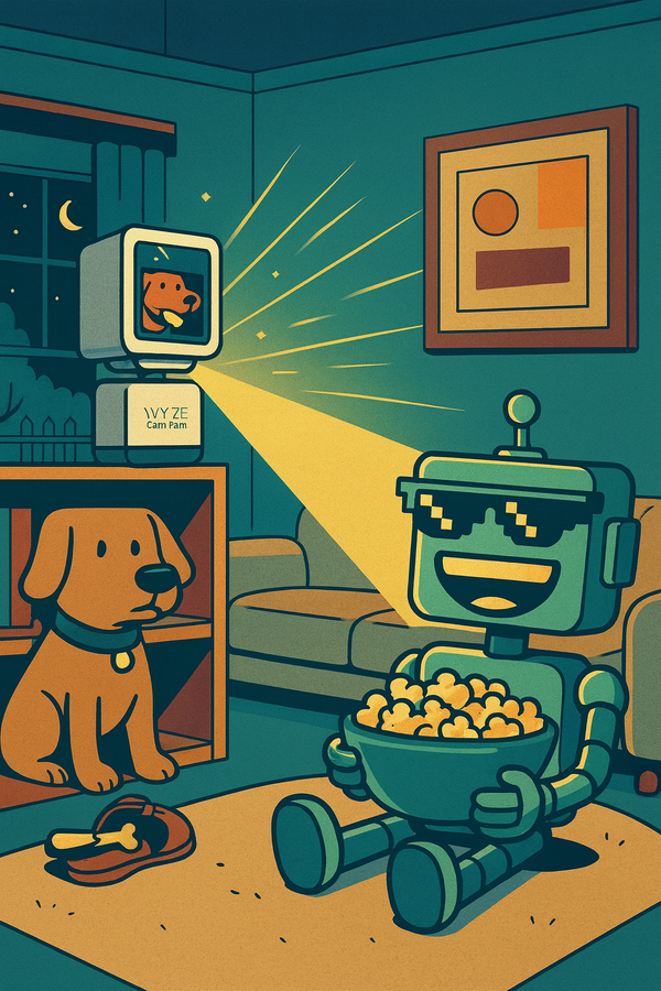 Cartoon robot mascot SiliconSnark watches a Wyze Cam Pan v4 project a 4K image of a dog chewing a shoe, while eating popcorn in a living room.