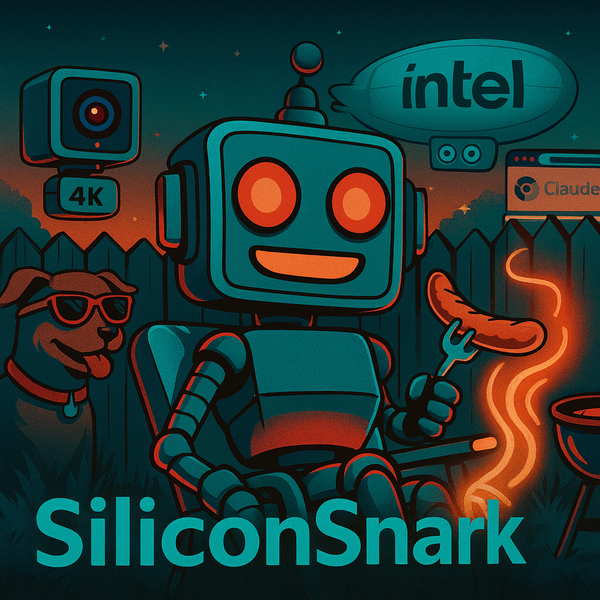SiliconSnark robot grills hot dogs while spying cameras, Intel balloon, and AI browser chaos swirl around in Labor Day satire.