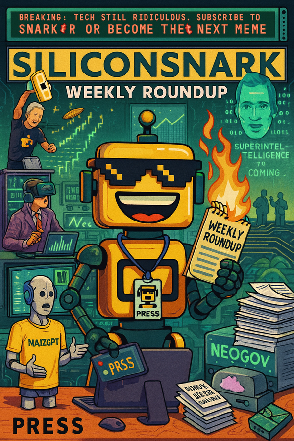 A chaotic tech newsroom scene featuring the SiliconSnark robot holding a flaming "Weekly Roundup" report amid AI chaos, Zuck’s floating head, and glitchy startup absurdity.