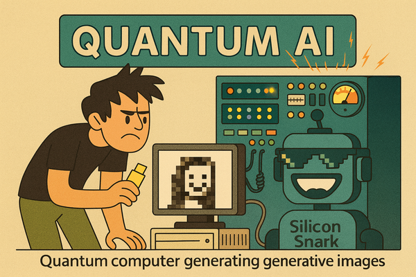 SiliconSnark robot watches a quantum computer generate the Mona Lisa’s left eyebrow after six hours of annealing.