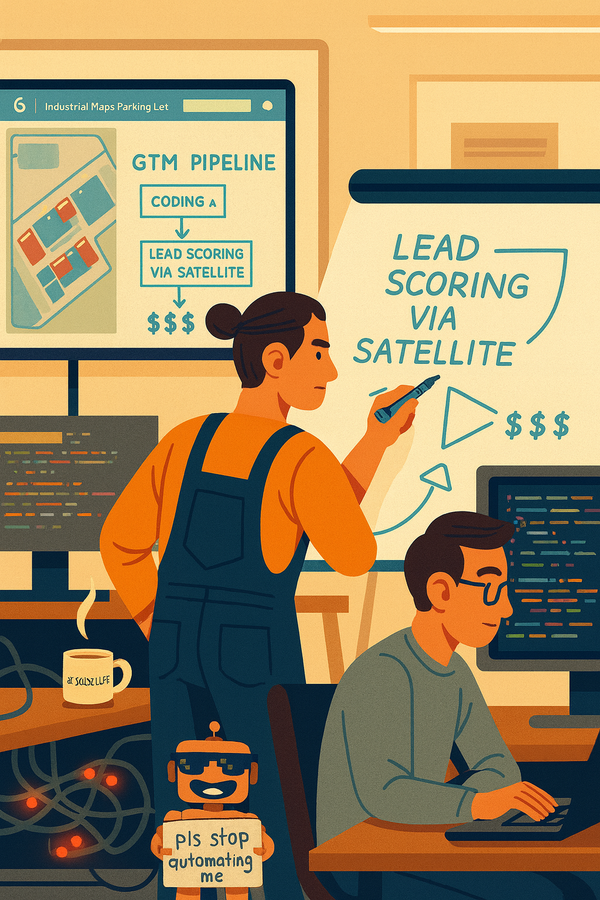 A startup office scene where a marketer diagrams “Lead Scoring via Satellite” as a small SiliconSnark robot holds a sign that says “pls stop automating me.”