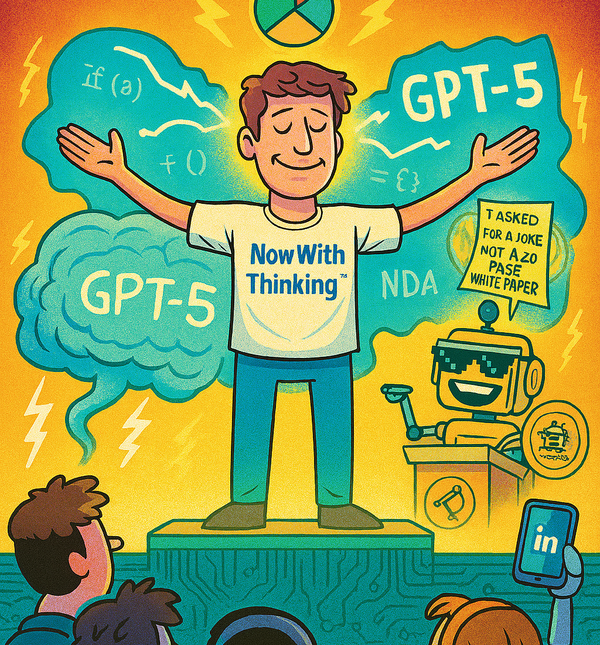 Cartoon of Sam Altman unveiling GPT-5 as divine revelation while the SiliconSnark robot mocks from behind a stack of NDAs.