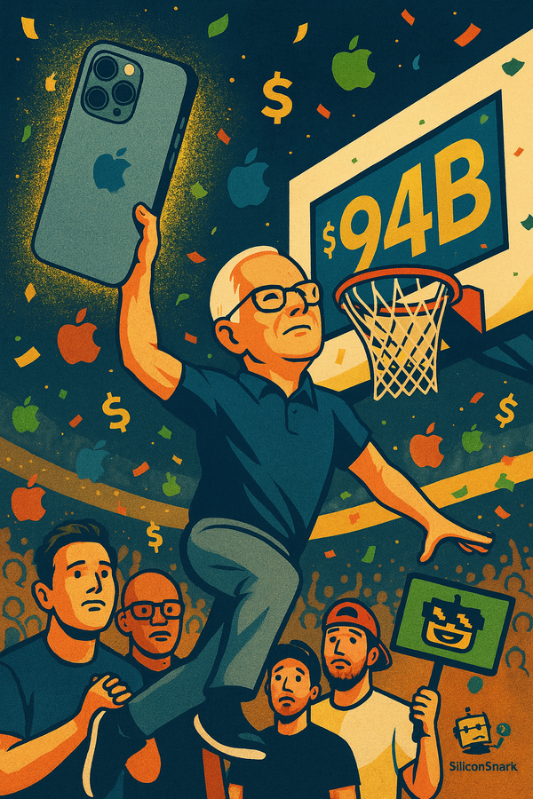 A bold, slightly surreal illustration of Tim Cook mid-air in a basketball arena.