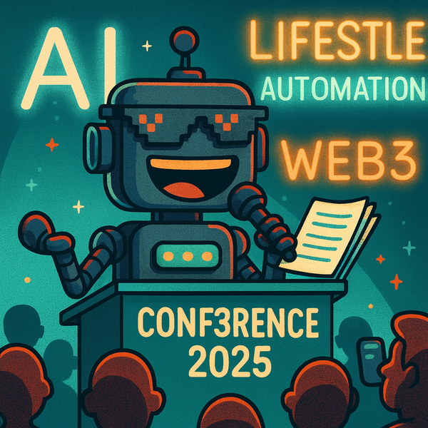 SiliconSnark robot with glowing eyes gives a keynote at Conf3rence 2025 surrounded by buzzwords like AI, Web3, and lifestyle automation.