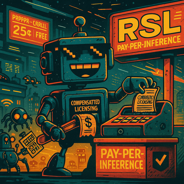 SiliconSnark robot running a toll booth labeled “RSL: Pay-per-inference” while AI crawlers line up with coins.