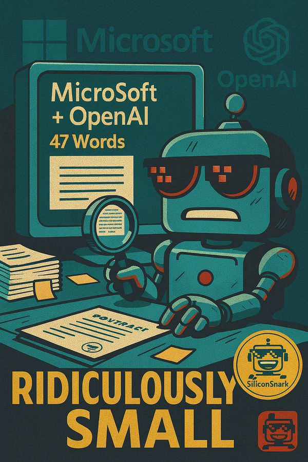 Cartoon SiliconSnark robot staring at a tiny 47-word Microsoft–OpenAI press release on a giant screen.