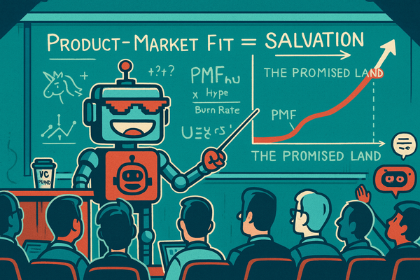 Cartoon SiliconSnark robot lectures founders on “Product–Market Fit = Salvation” with a chalkboard graph pointing to the promised land.