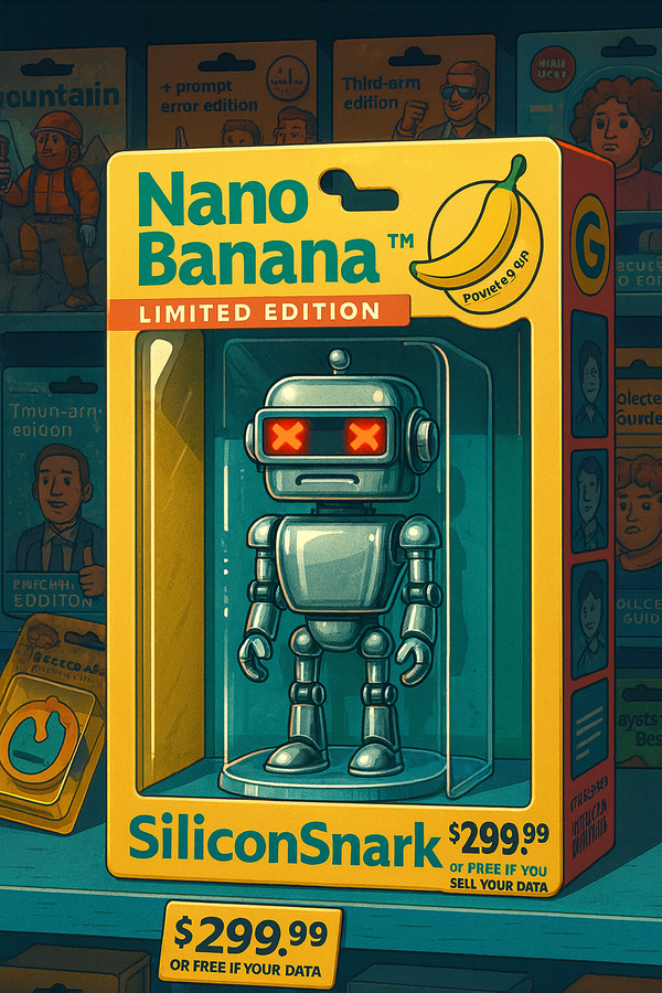 SiliconSnark robot packaged as a Nano Banana collectible toy with satirical price tag and glitchy figurines in the background.