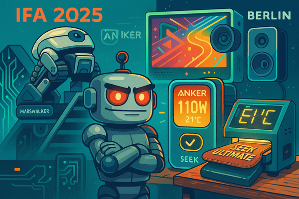 SiliconSnark robot watches Anker’s IFA 2025 AI gadgets, including stair-climbing vacuums, AI earbuds, and glowing chargers, on display in Berlin.