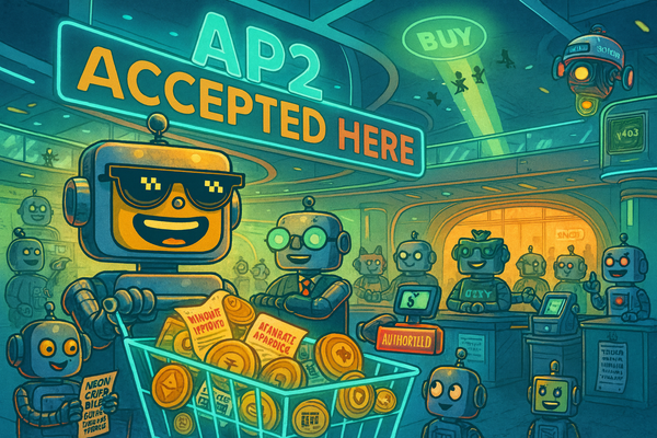 Cartoon SiliconSnark robots shop in a neon mall under a glowing “AP2 Accepted Here” sign with carts full of mandates and crypto coins.